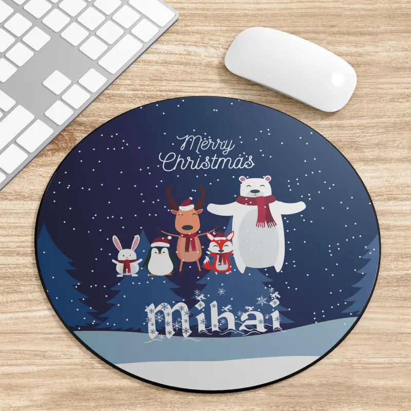 Mouse Pad Rotund personalizat cu Animalute Craciun