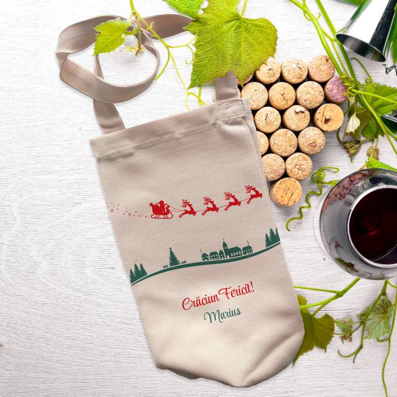 Saculet pentru sticla de vin - Craciun fericit