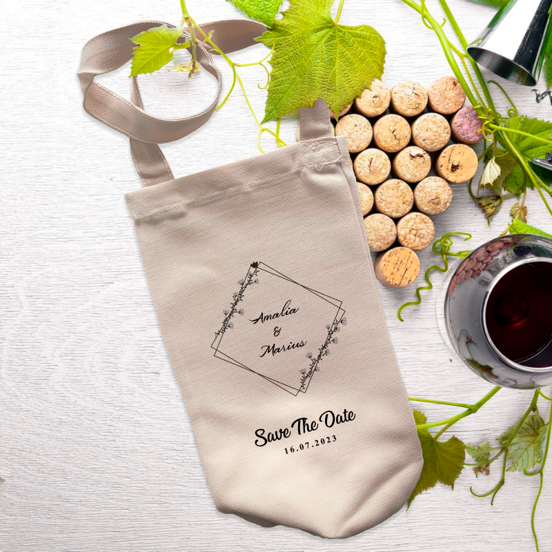 Saculet personalizat pentru sticla de vin - Save the Date