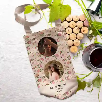 Saculet pentru sticla de vin personalizat cu doua fotografii