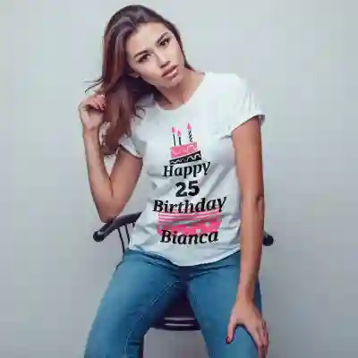 Tricou Personalizat Dama - Happy Birthday cu tort
