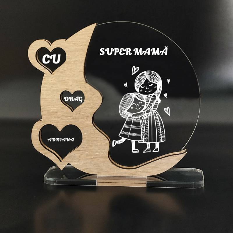 Trofeu Din Lemn Si Plexiglas Personalizat - Super Mama