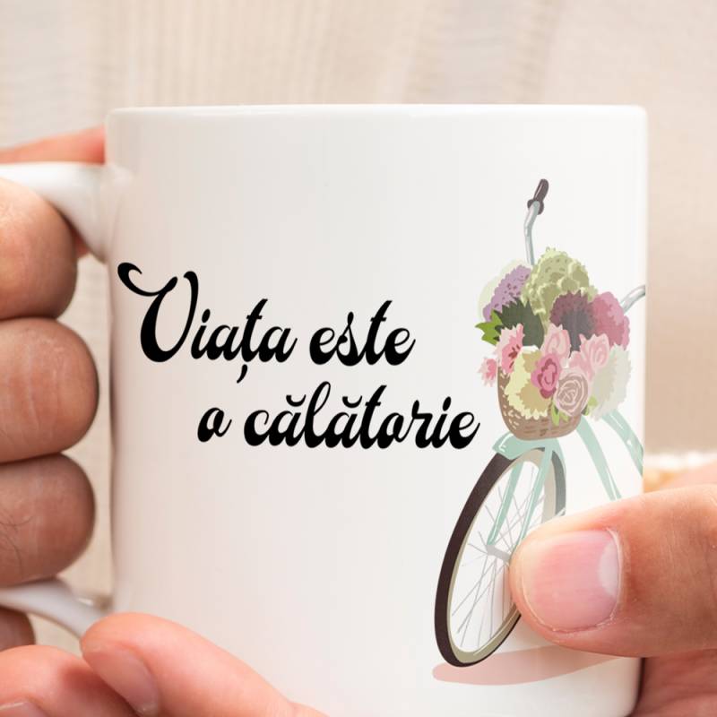 Cana personalizata cu text si bicicleta cu flori